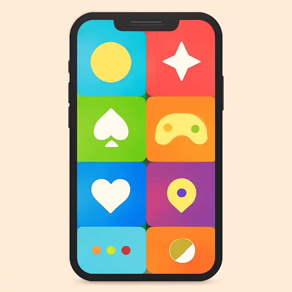 Smartphone shown from the front displaying a colourful flat layout of abstract game icons and rounded tiles (no text, no letters, no labels), Daman Lottery