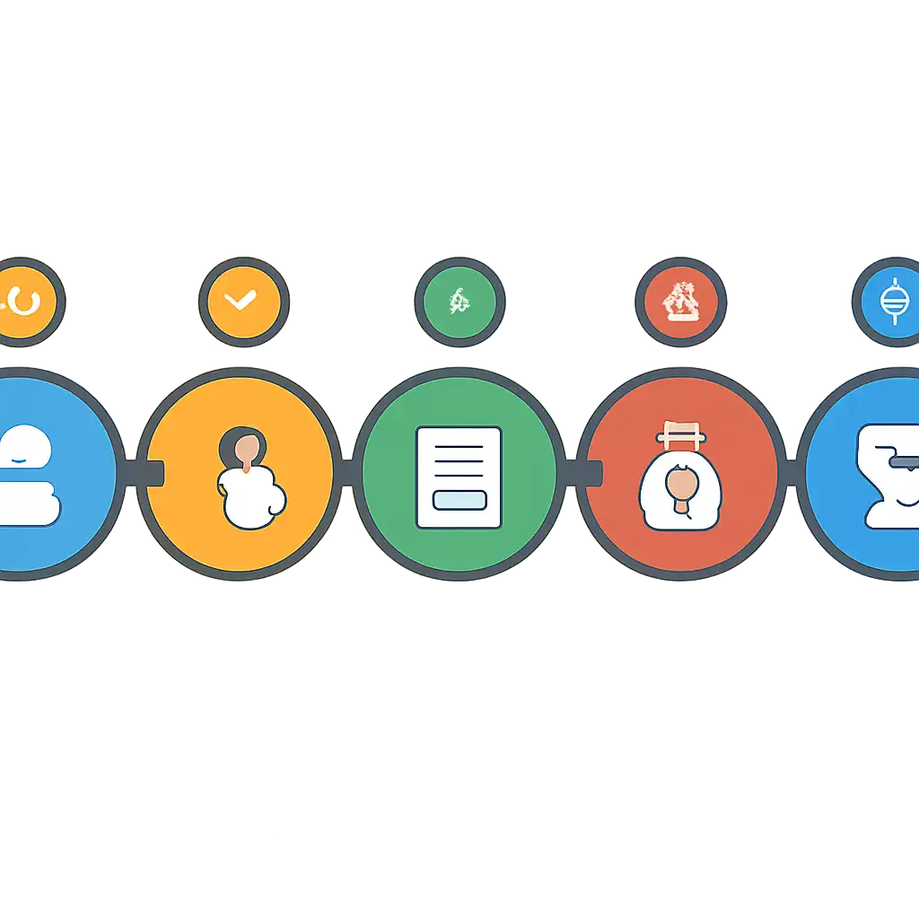 Five numbered circular icons connected by arrows in a horizontal flow, flat illustration, icons only, no words, Daman Lottery steps